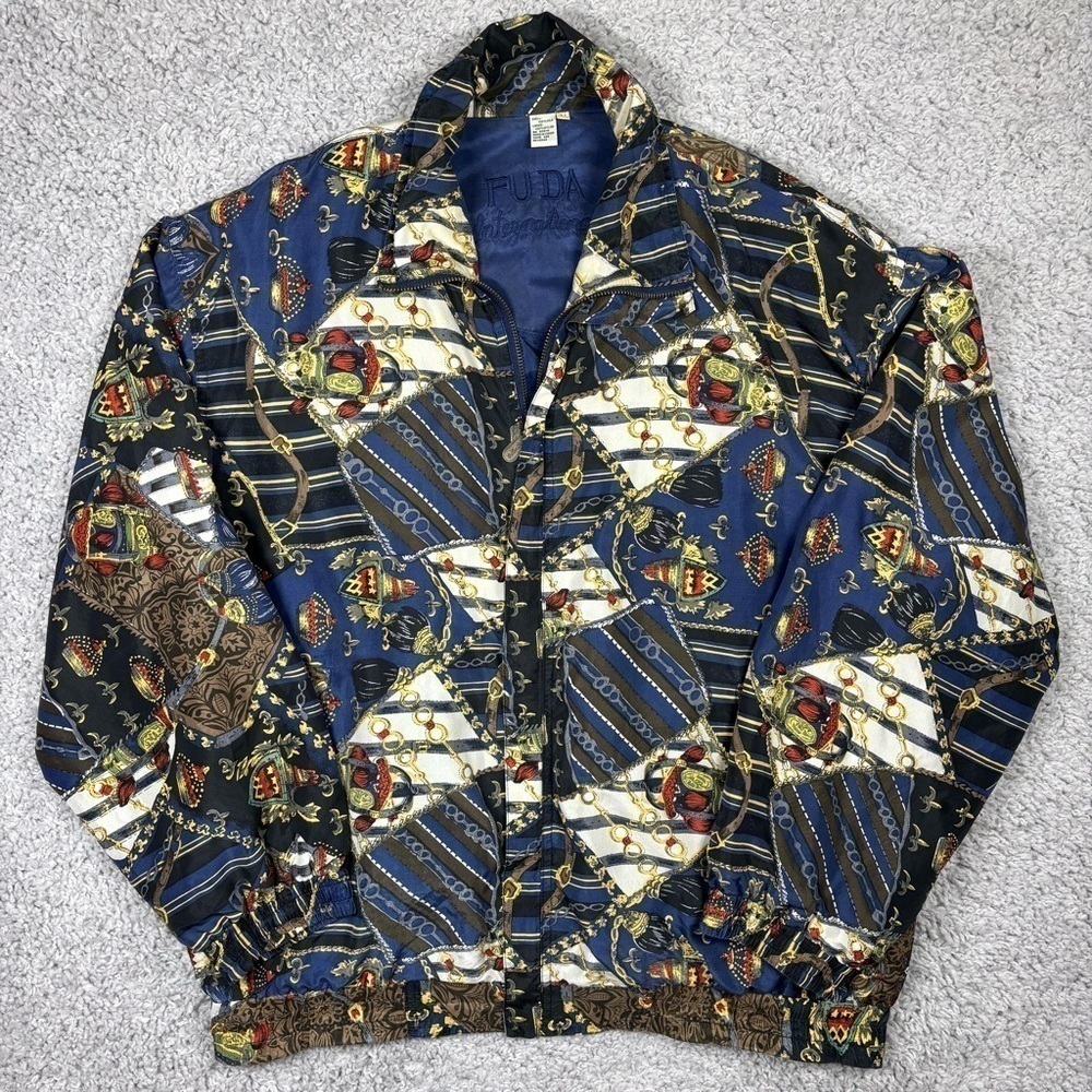 VINTAGE SILK JACKET Womens Extra Large Crown Bomber Fuda International Zip Up